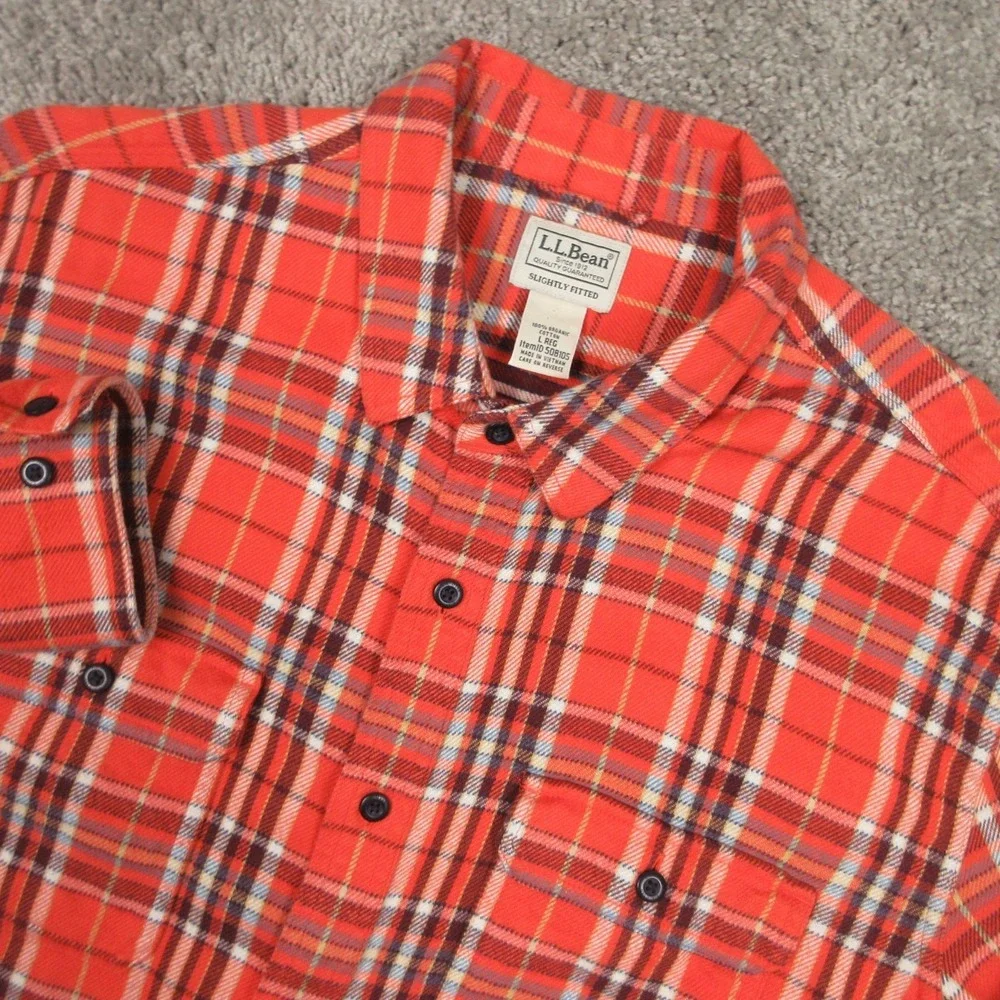 LL Bean Shirt Mens Large Orange Plaid Twill Flannel Organic Workwear Button Up